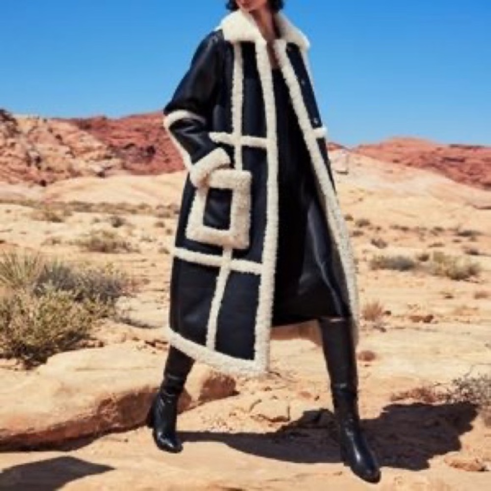 REBECCA MINKOFF Long Vegan Leather Suede Shearling Black Coat Size L